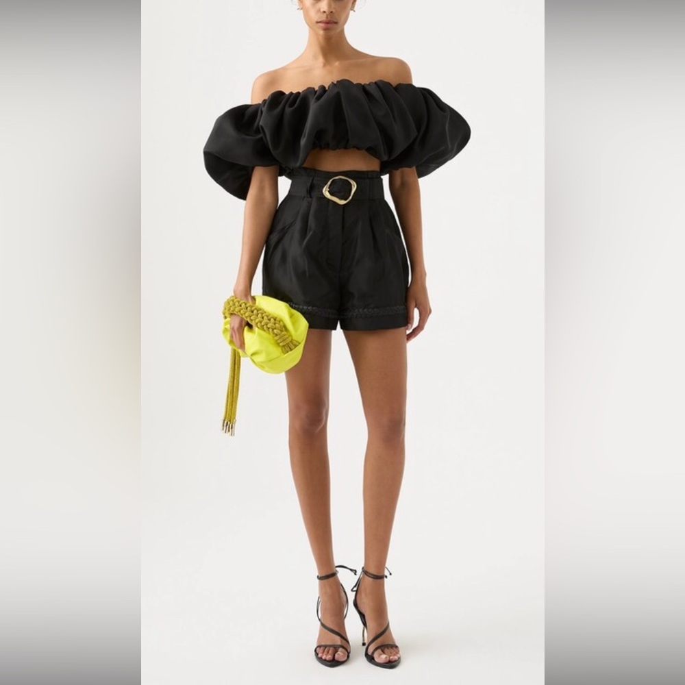 Aje Riviera Off Shoulder Bubble Crop Top in Black